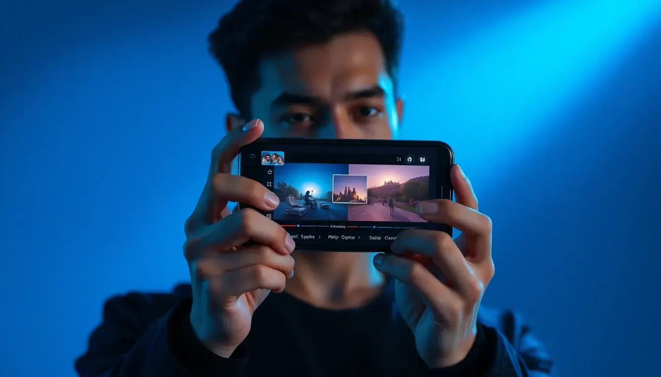 Creator holding a phone with AI video generator visuals