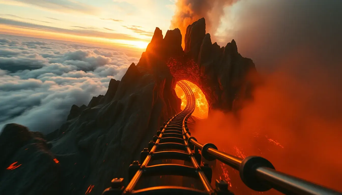 Volcano roller coaster prompt scene